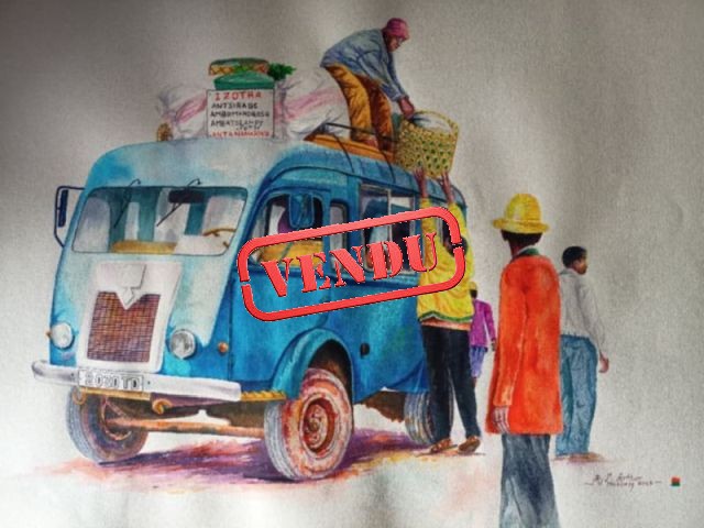 Taxi-brousse BLEU Aquarelle sur papier